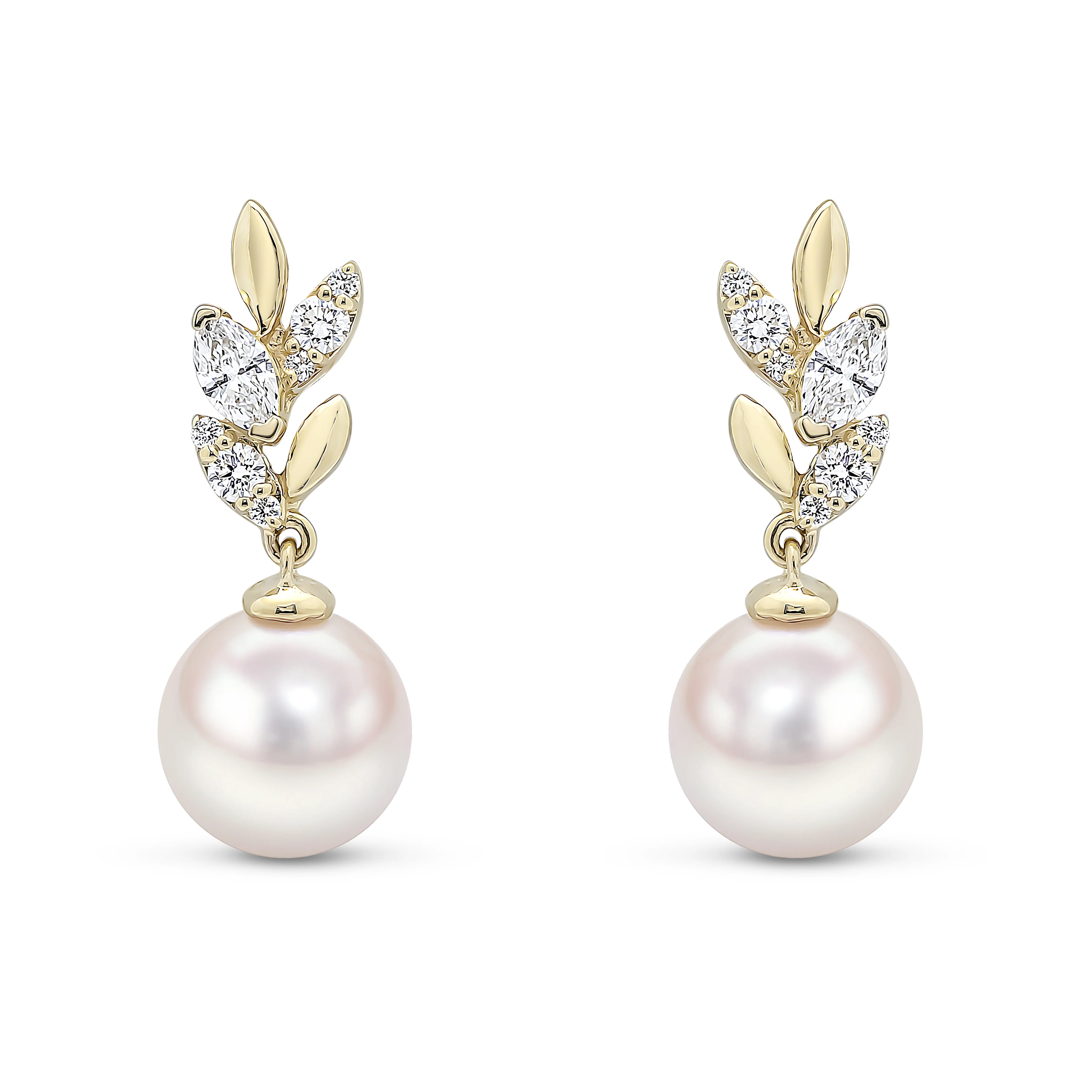 18ct Gold Akoya Pearl & Marquise Diamond Drop Earrings