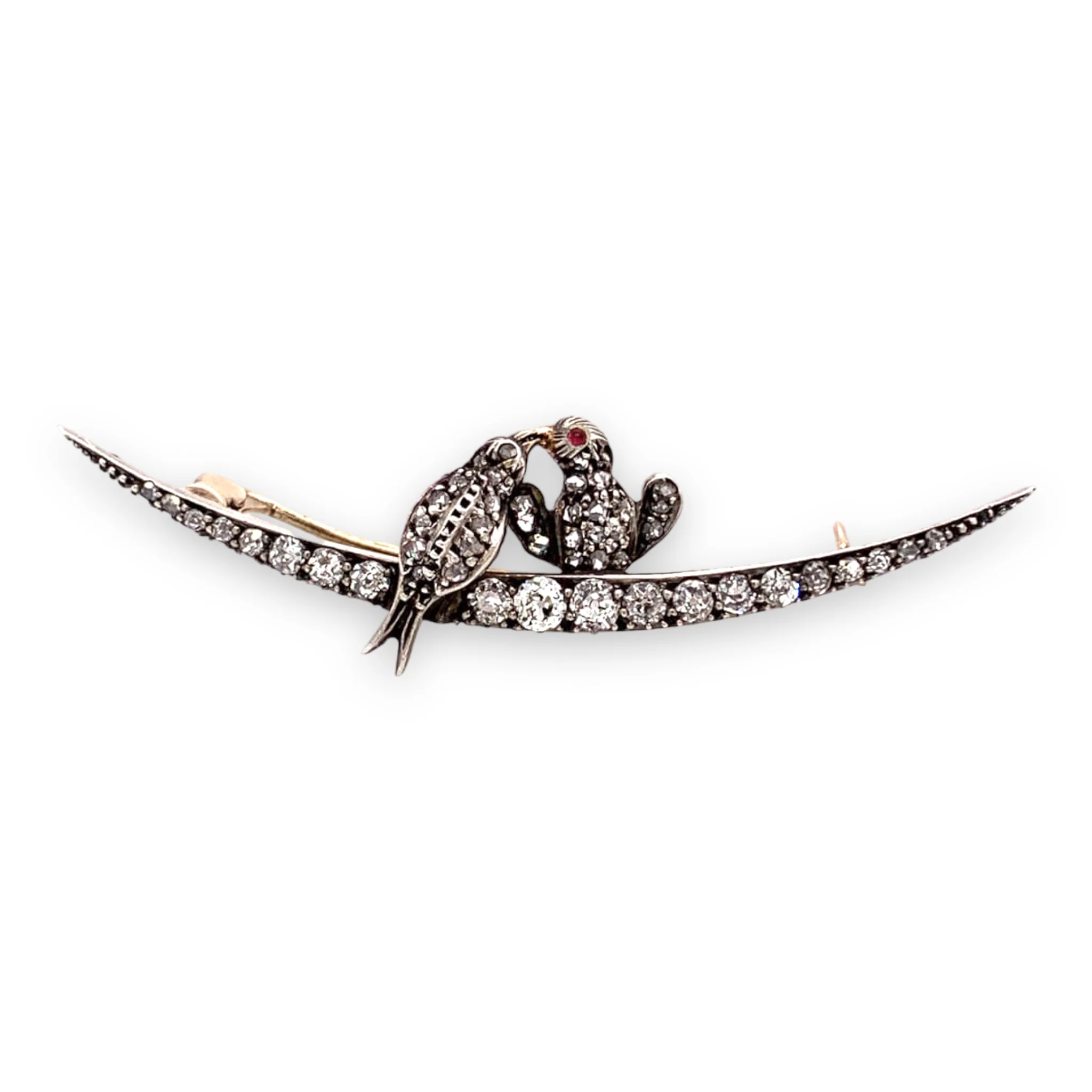 Antique Diamond Crescent Lovebirds Brooch