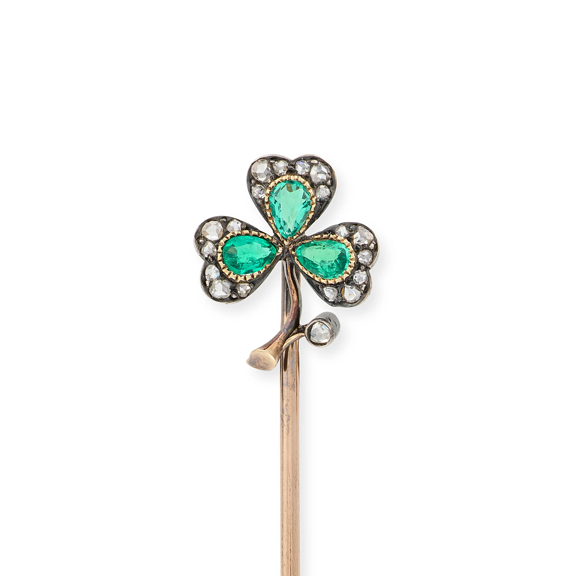 Antique Emerald & Diamond Three Leaf Clover Stickpin, French