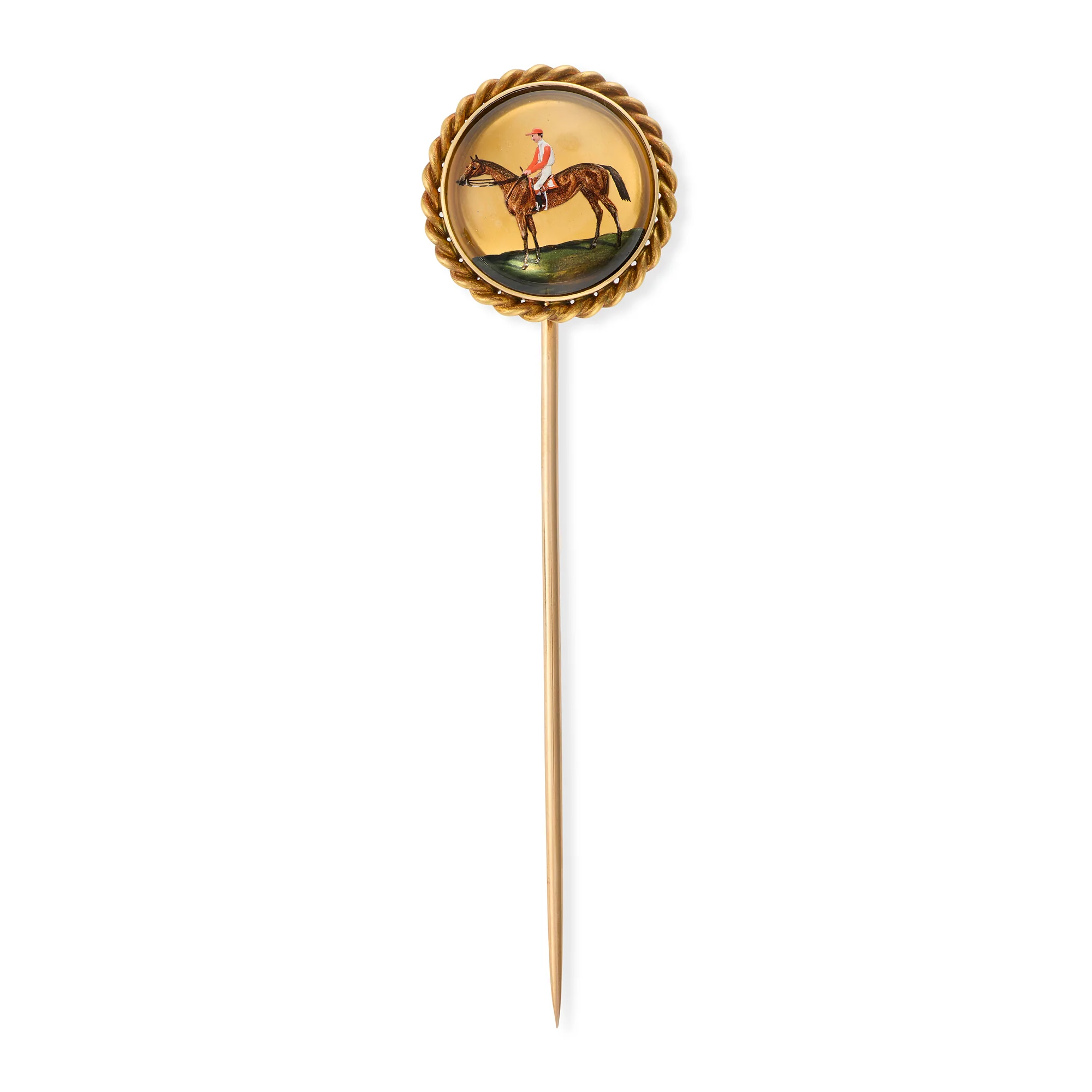 Belle Époque Reverse Intaglio Crystal Stickpin of A Jockey on Horseback - Image 4
