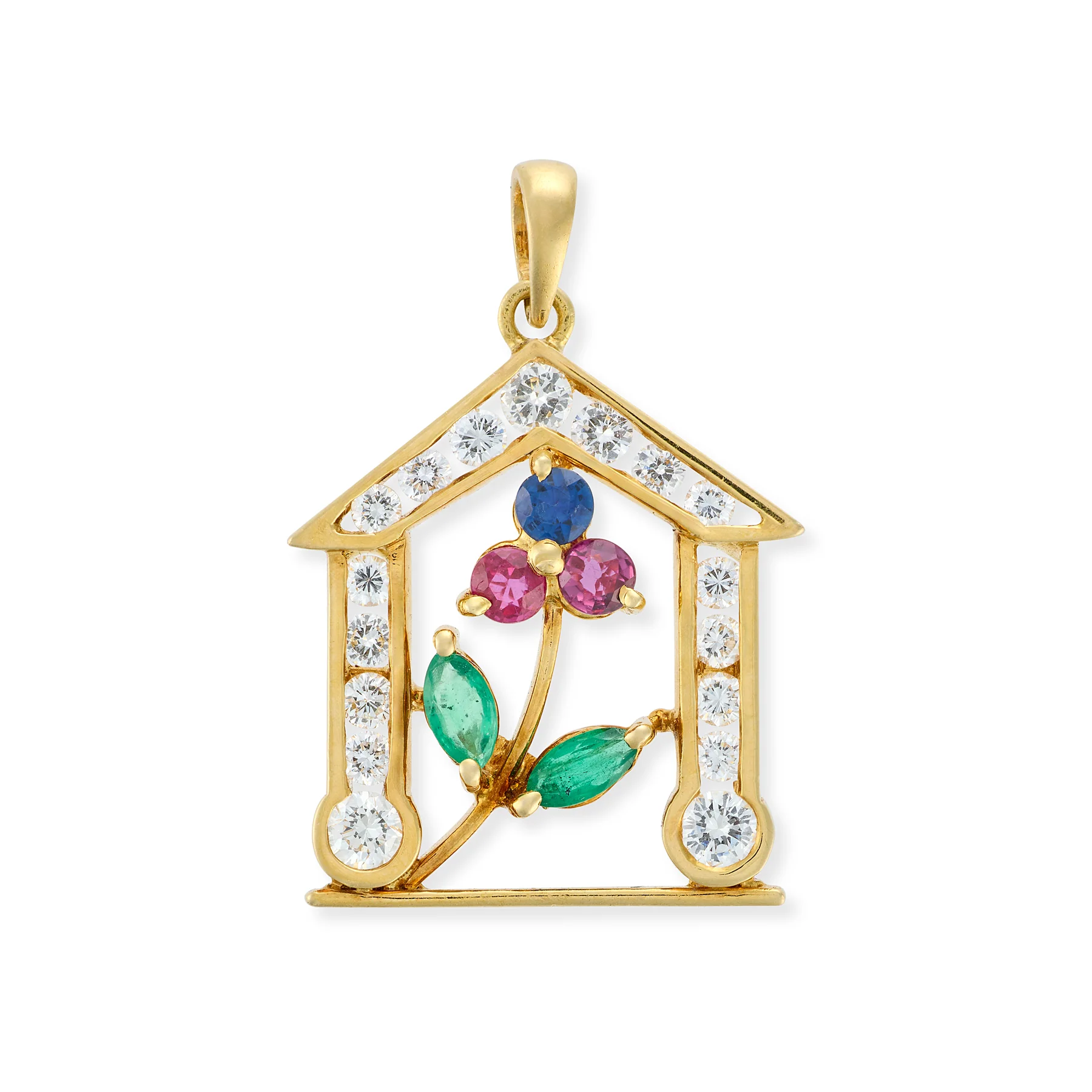 Diamond, Ruby, Sapphire & emerald Floral Pendant
