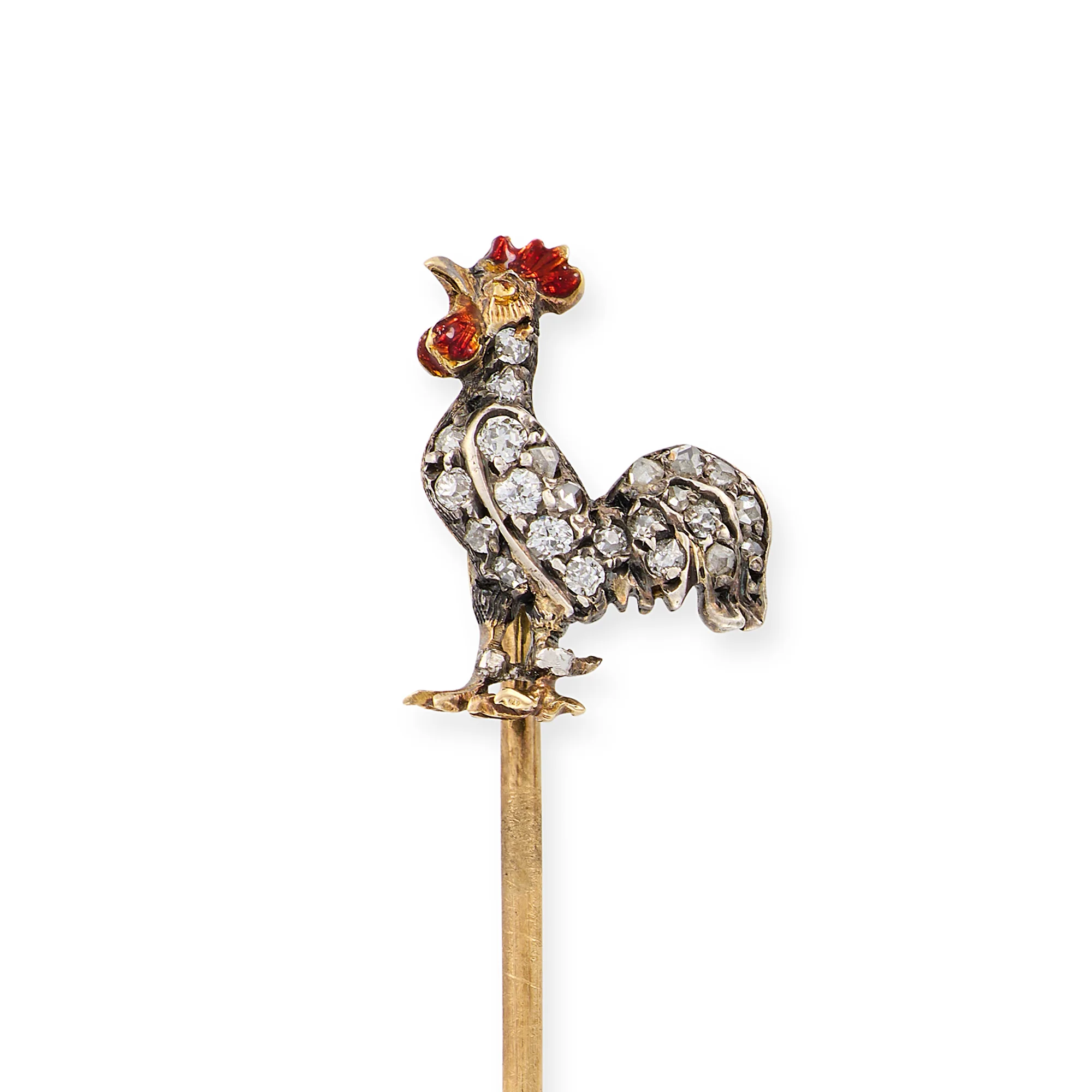 Edwardian 15ct Gold Diamond & Enamel Cockerel Stickpin
