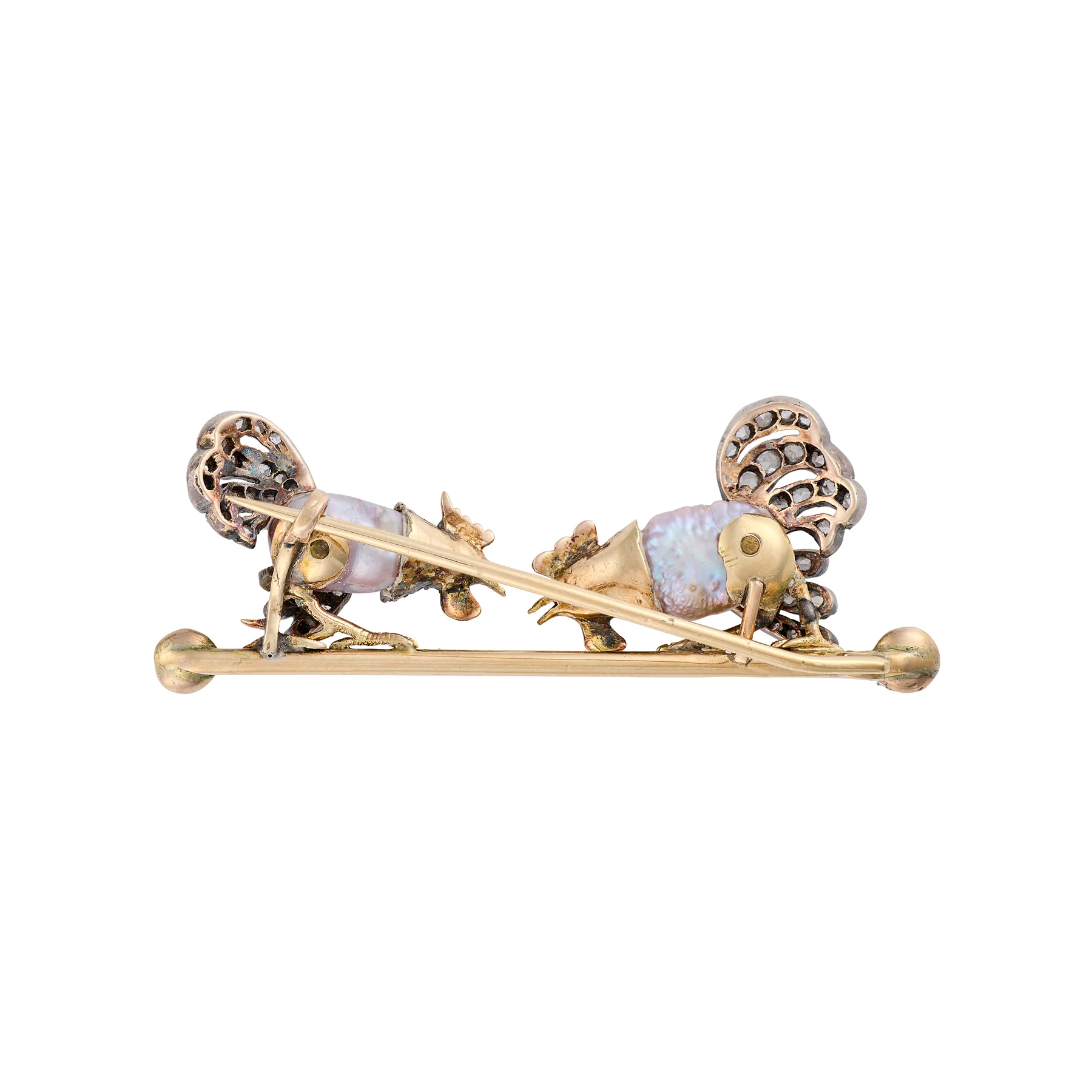 Edwardian 15ct Gold Natural Pearl & Diamond Cockfighting Brooch - Image 2