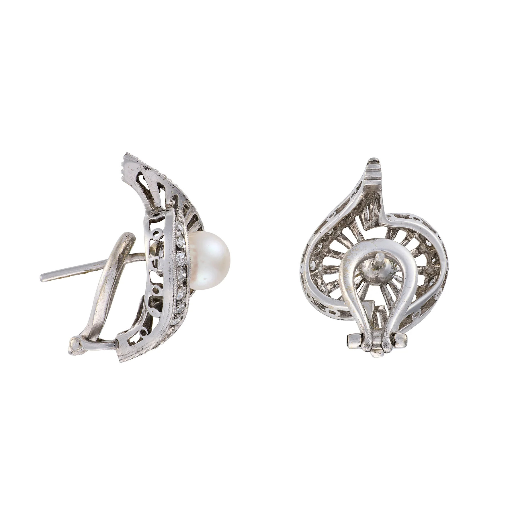Vintage White Gold Pearl & Diamond Earrings - Image 2